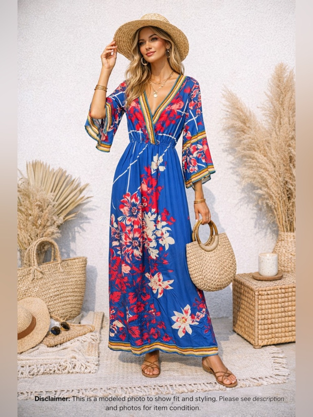 Flying Tomato Boho Floral Maxi Dress Blue Bell Sleeve Festival Resort M